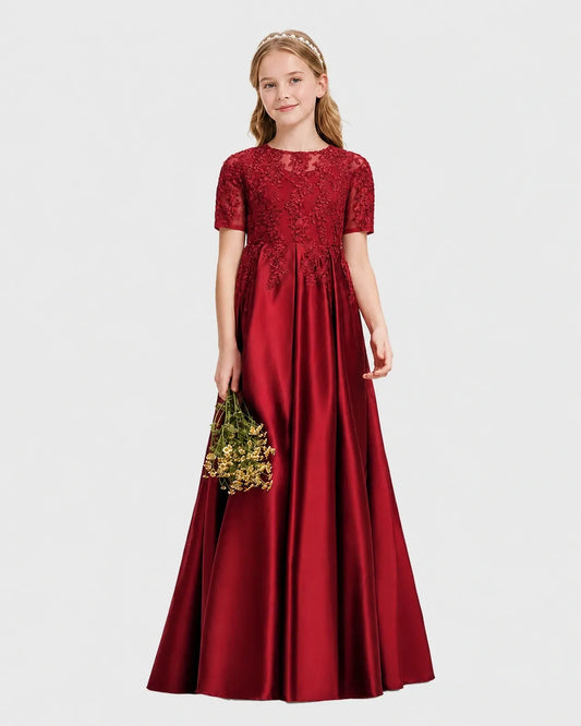 Burgundy Satin A-line Junior Bridesmaid Dress Front View