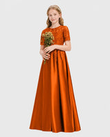 Burnt Orange Satin A-line Junior Bridesmaid Dress Front View