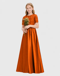 Burnt Orange Junior Bridesmaid Dress Illusion Neck Lace Button Back Satin Maxi Gown Front View