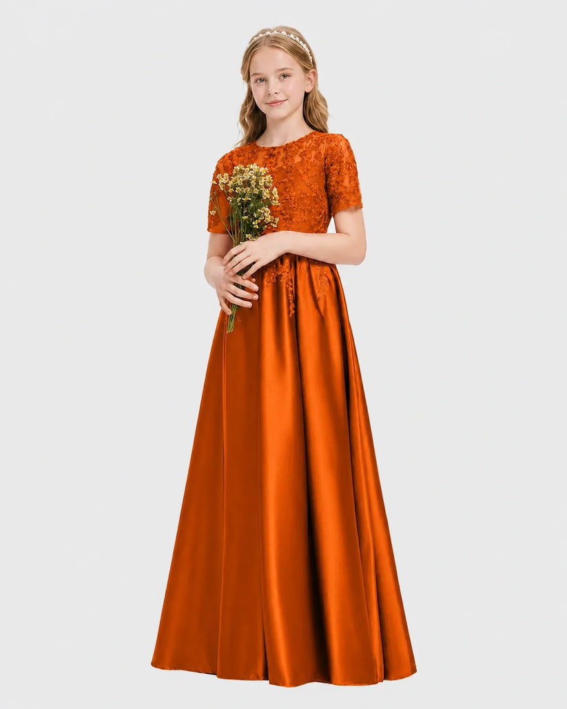 Burnt Orange Satin A-line Junior Bridesmaid Dress Front View