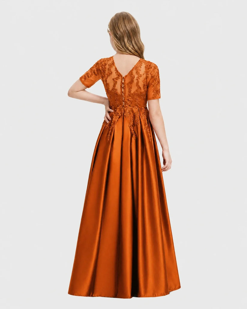 Burnt Orange Satin A-line Junior Bridesmaid Dress Back View