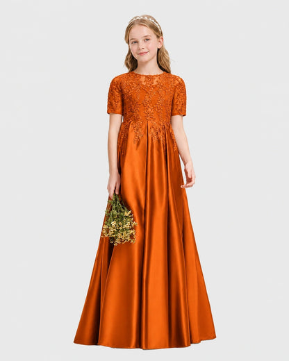 Burnt Orange Junior Bridesmaid Dress Illusion Neck Lace Button Back Satin Maxi Gown Front View