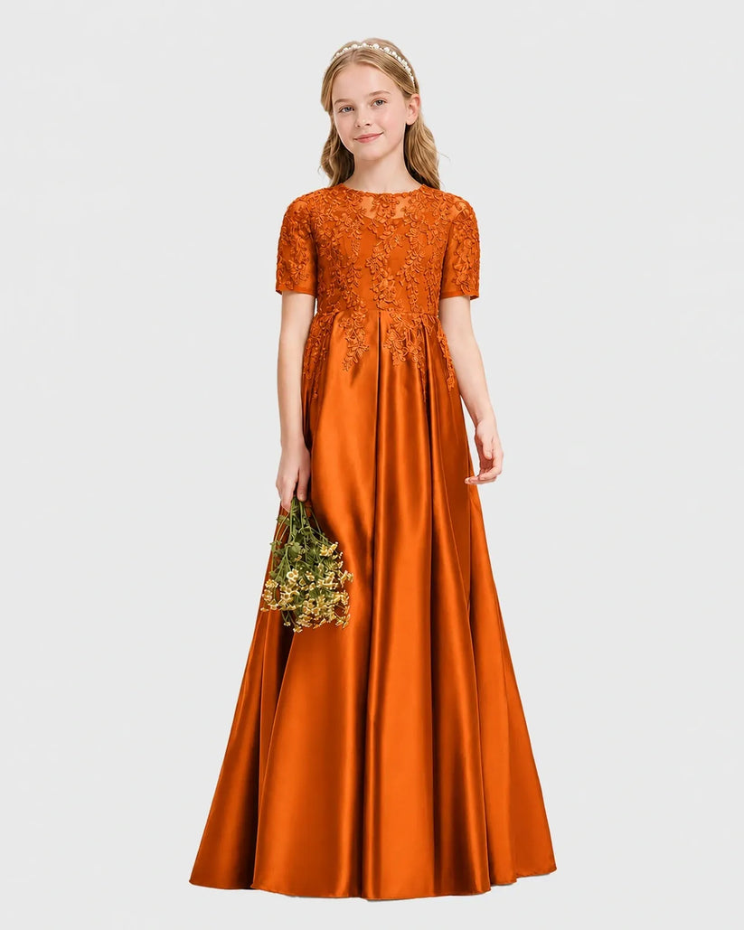 Burnt Orange Satin A-line Junior Bridesmaid Dress Front View