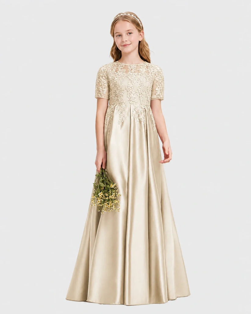 Champagne Satin A-line Junior Bridesmaid Dress Front View