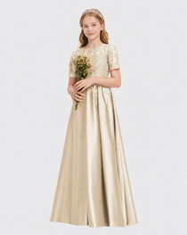Champagne Junior Bridesmaid Dress Illusion Neck Lace Button Back Satin Maxi Gown Front View