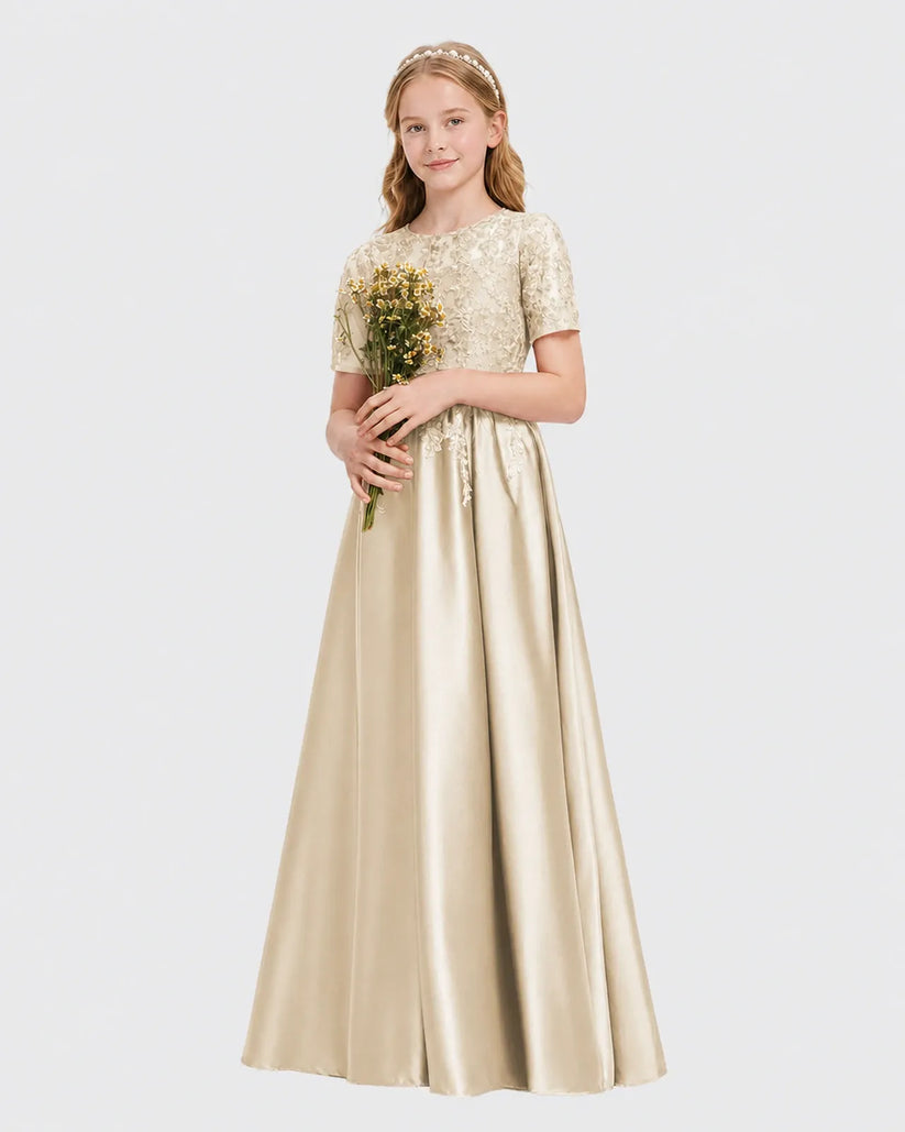 Champagne Satin A-line Junior Bridesmaid Dress Front View