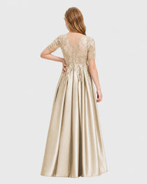 Champagne Junior Bridesmaid Dress Illusion Neck Lace Button Back Satin Maxi Gown Back View