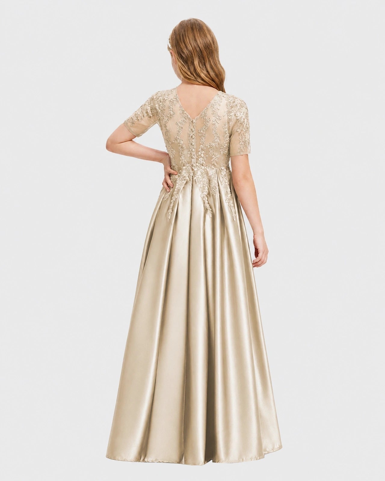 Champagne Junior Bridesmaid Dress Illusion Neck Lace Button Back Satin Maxi Gown Back View