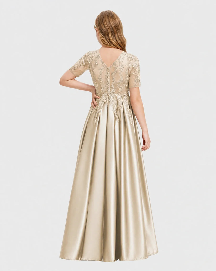 Champagne Satin A-line Junior Bridesmaid Dress Back View