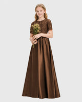 Chocolate Satin A-line Junior Bridesmaid Dress Front View