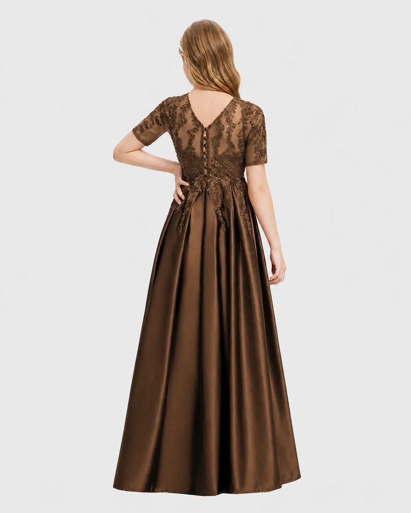 Chocolate Satin A-line Junior Bridesmaid Dress Back View