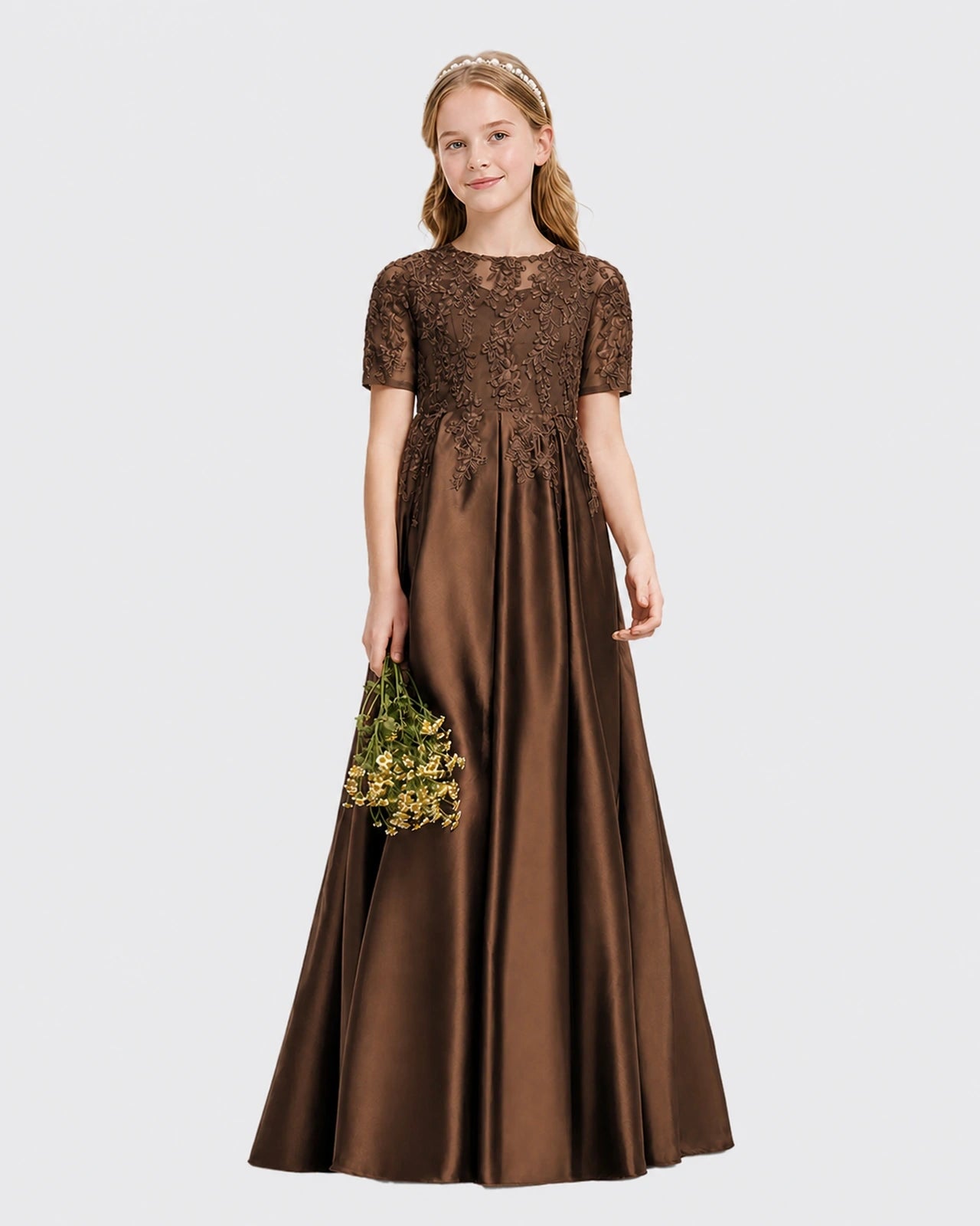 Chocolate Junior Bridesmaid Dress Illusion Neck Lace Button Back Satin Maxi Gown Front View