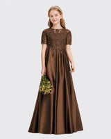 Chocolate Satin A-line Junior Bridesmaid Dress Front View
