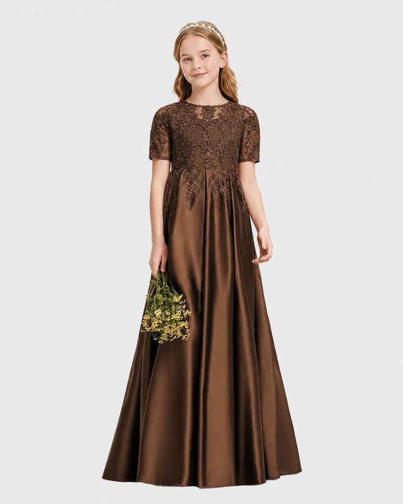Chocolate Satin A-line Junior Bridesmaid Dress Front View