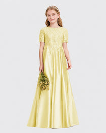 Daffodil Junior Bridesmaid Dress Illusion Neck Lace Button Back Satin Maxi Gown Front View