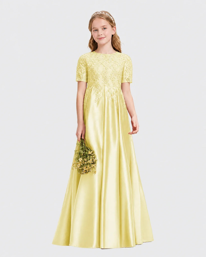 Daffodil Satin A-line Junior Bridesmaid Dress Front View