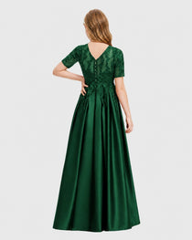 Dark Green Junior Bridesmaid Dress Illusion Neck Lace Button Back Satin Maxi Gown Back View