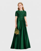 Dark Green Lace A-line Junior Bridesmaid Dress Front View