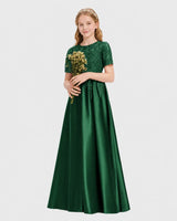 Dark Green Satin A-line Junior Bridesmaid Dress Front View