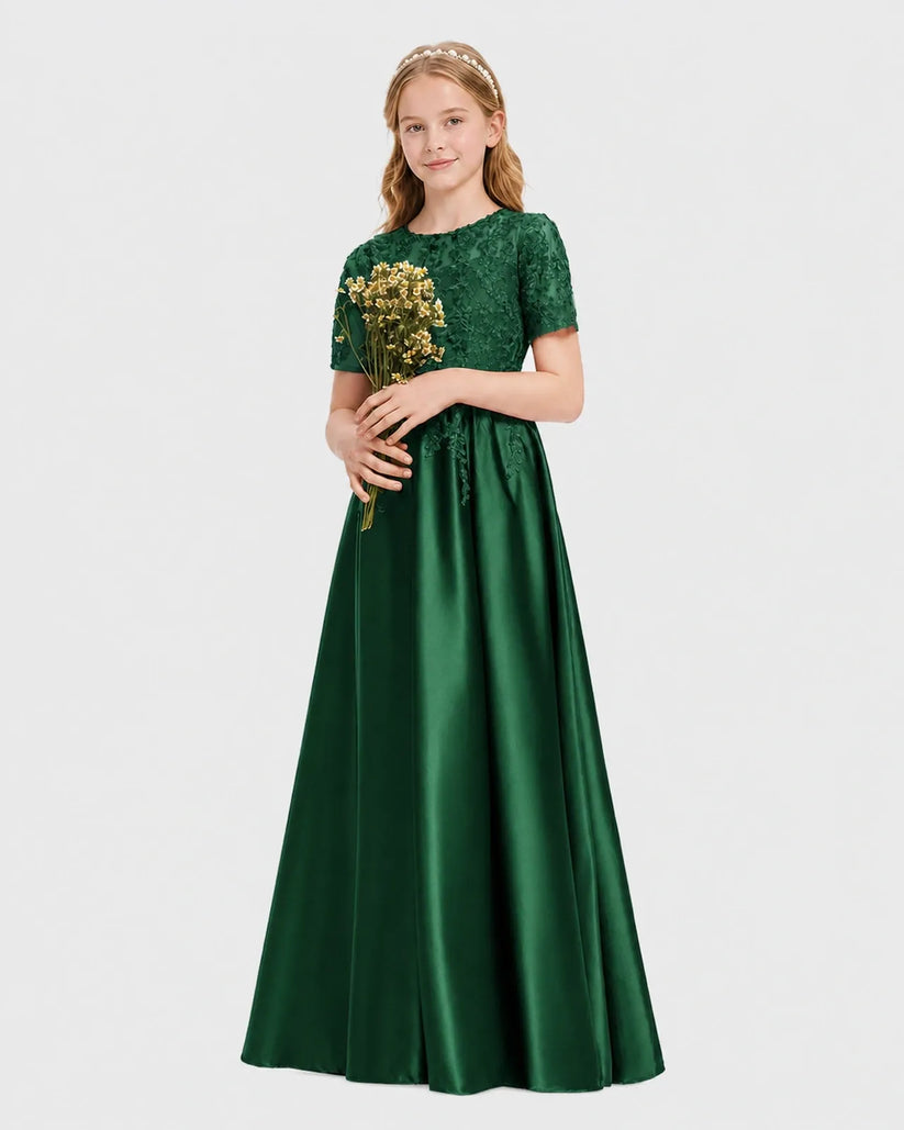 Dark Green Satin A-line Junior Bridesmaid Dress Front View