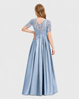 Dusty Blue Satin A-line Junior Bridesmaid Dress Back View