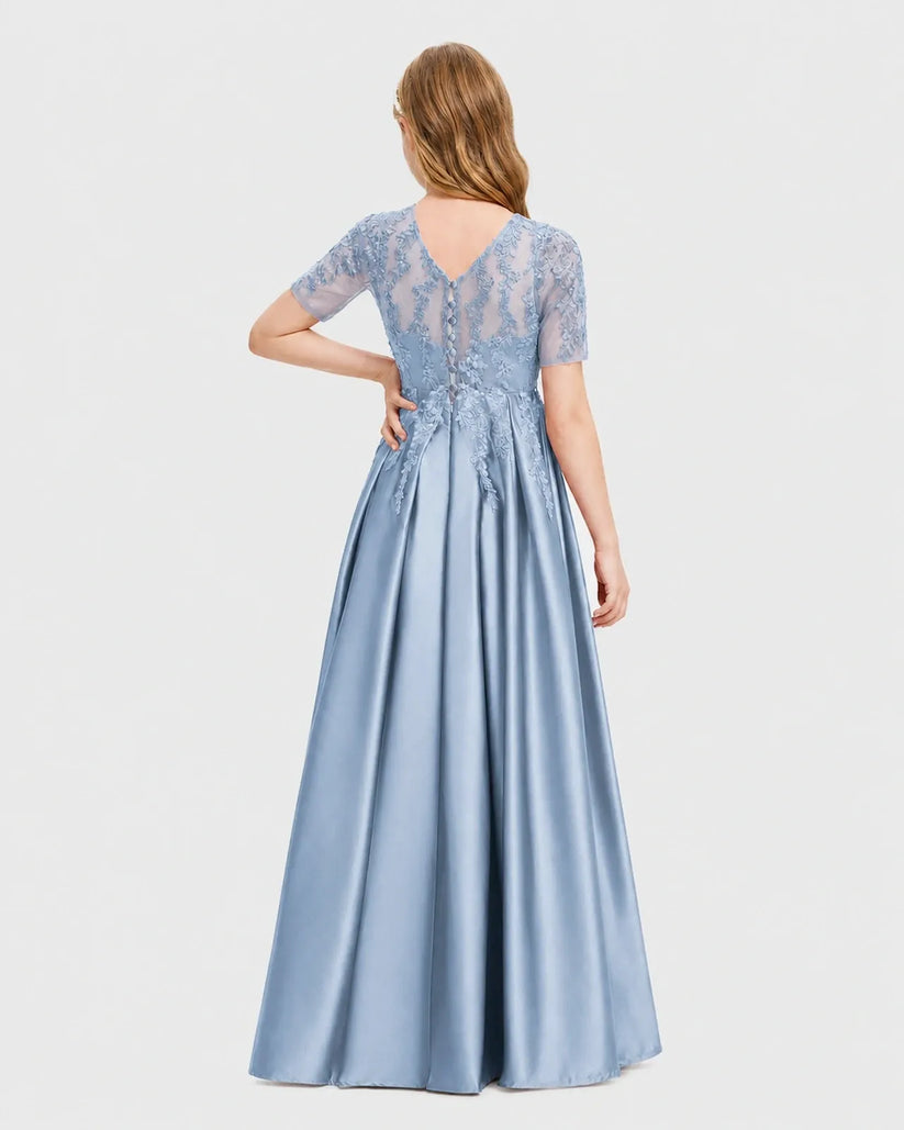Dusty Blue Satin A-line Junior Bridesmaid Dress Back View