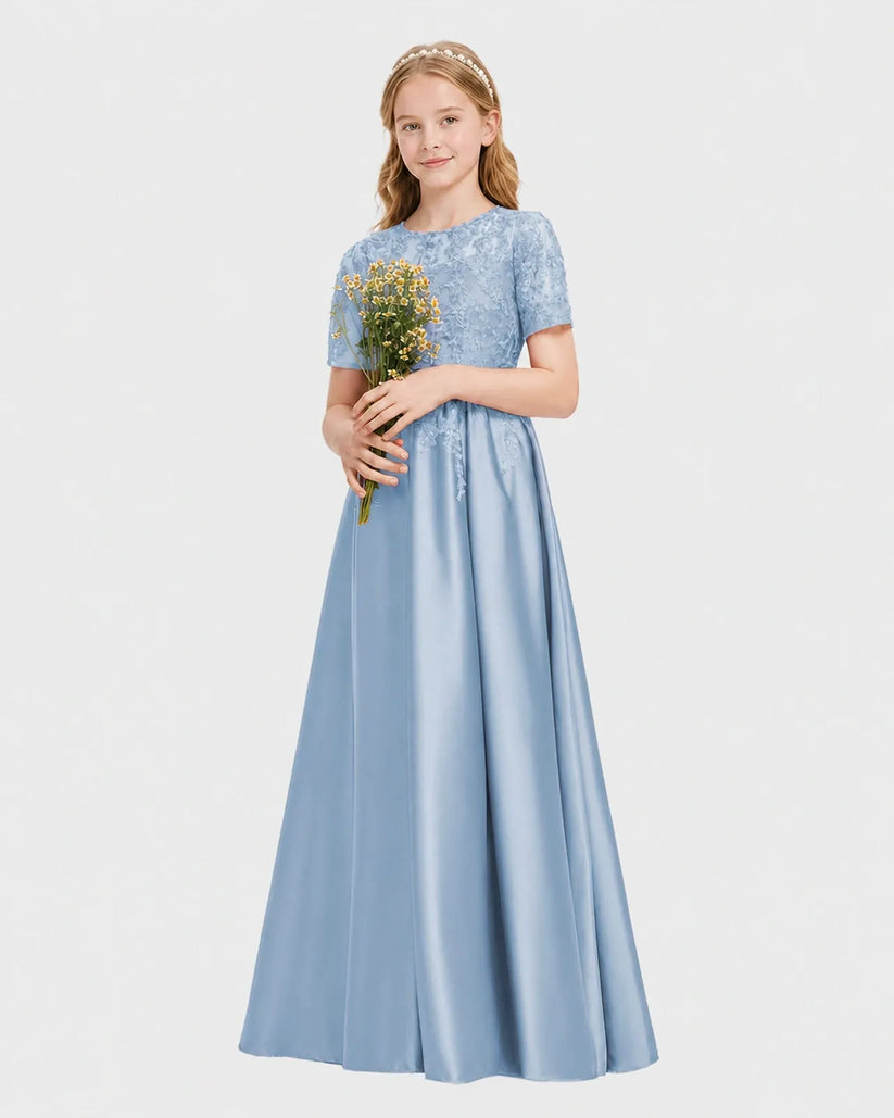 Dusty Blue Satin A-line Junior Bridesmaid Dress Front View