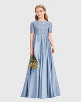 Dusty Blue Satin A-line Junior Bridesmaid Dress Front View