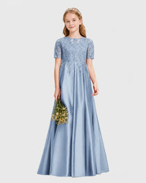 Dusty Blue Junior Bridesmaid Dress Illusion Neck Lace Button Back Satin Maxi Gown Front View