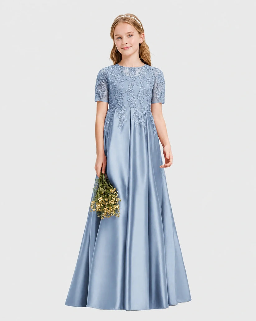 Dusty Blue Satin A-line Junior Bridesmaid Dress Front View
