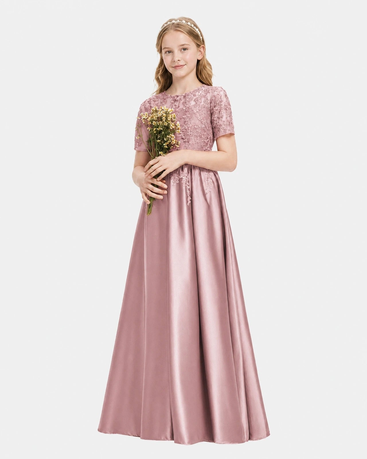 Dusty Rose Junior Bridesmaid Dress Illusion Neck Lace Button Back Satin Maxi Gown Front View