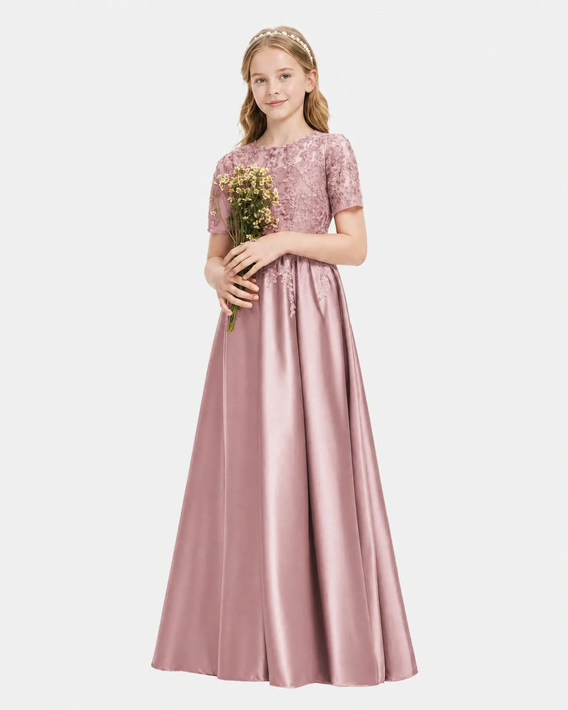 Dusty Rose Satin A-line Junior Bridesmaid Dress Front View
