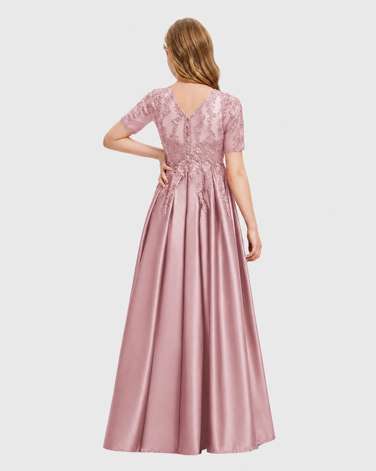 Dusty Rose Junior Bridesmaid Dress Illusion Neck Lace Button Back Satin Maxi Gown Back View