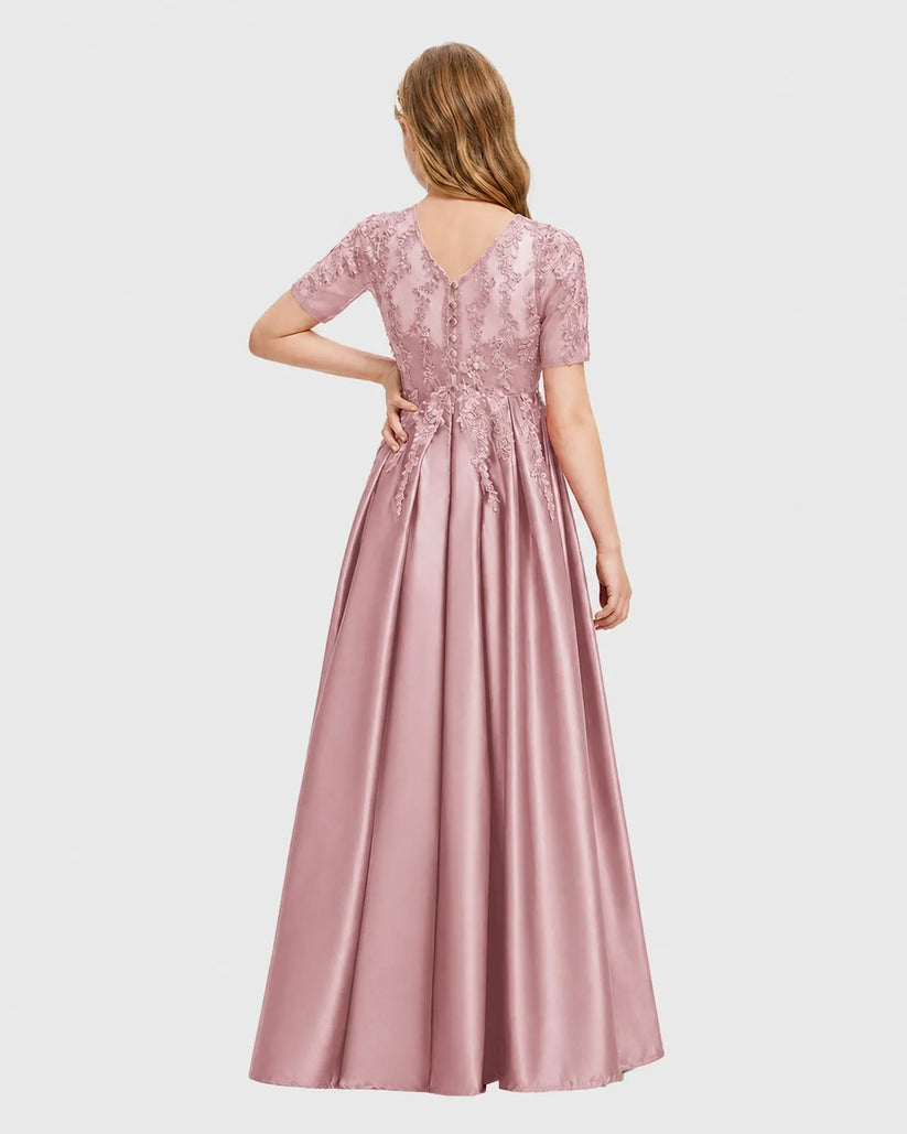 Dusty Rose Satin A-line Junior Bridesmaid Dress Back View