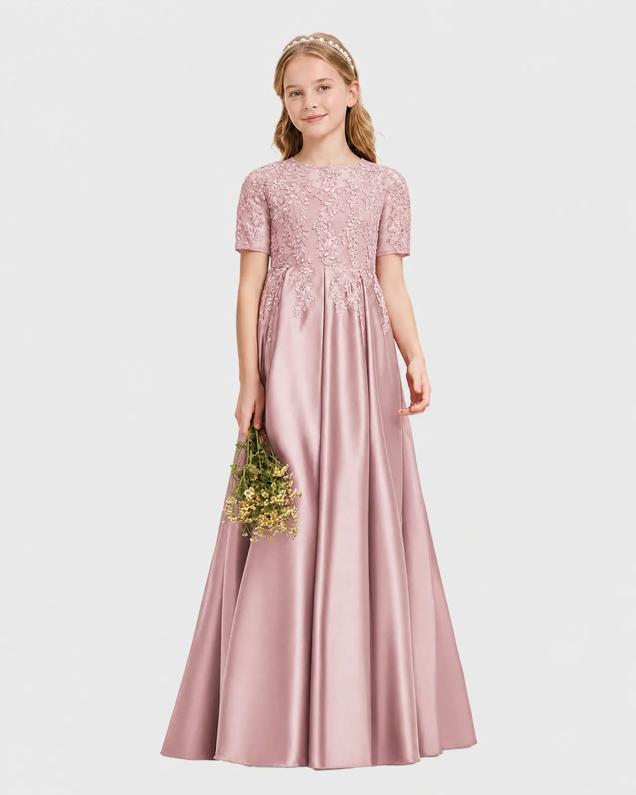 Dideyttawl Satin Junior Bridesmaid Dress with Lace Bodice & V-Back, Dusty Rose / 4