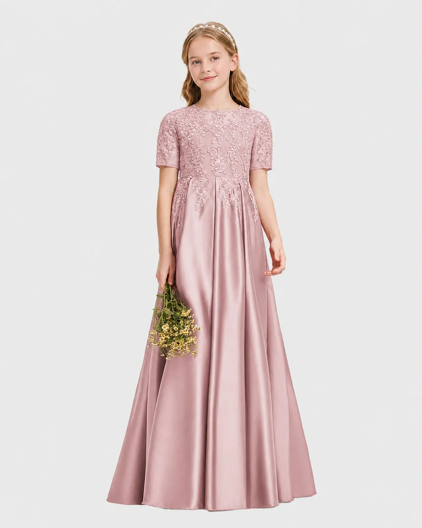Dusty Rose Satin A-line Junior Bridesmaid Dress Front View