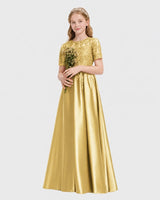 Gold Satin A-line Junior Bridesmaid Dress Front View