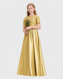 Gold Junior Bridesmaid Dress Illusion Neck Lace Button Back Satin Maxi Gown Front View