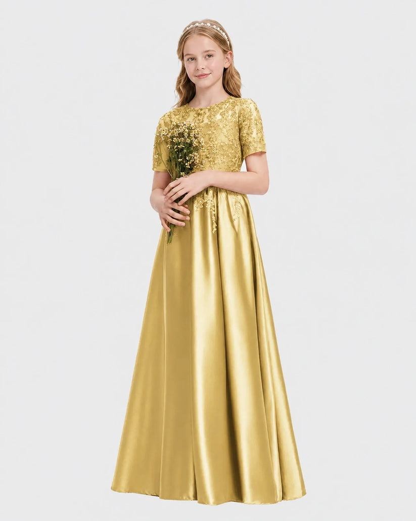 Gold Satin A-line Junior Bridesmaid Dress Front View