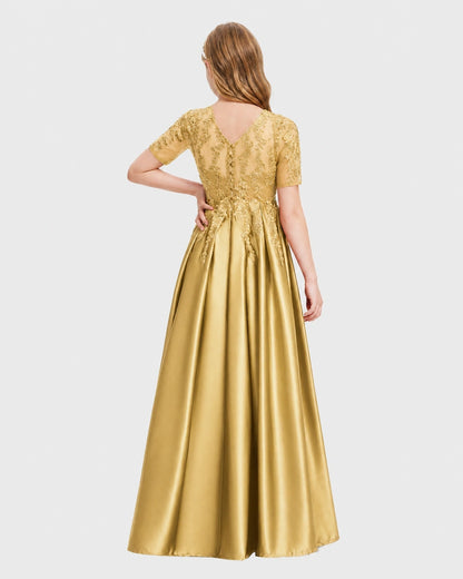Gold Junior Bridesmaid Dress Illusion Neck Lace Button Back Satin Maxi Gown Back View
