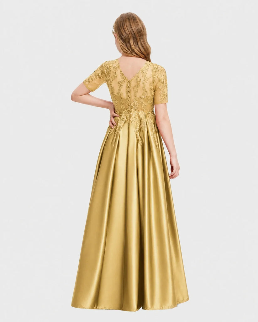 Gold Satin A-line Junior Bridesmaid Dress Back View