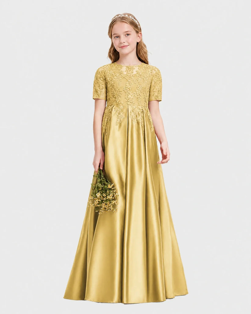 Gold Satin A-line Junior Bridesmaid Dress Front View