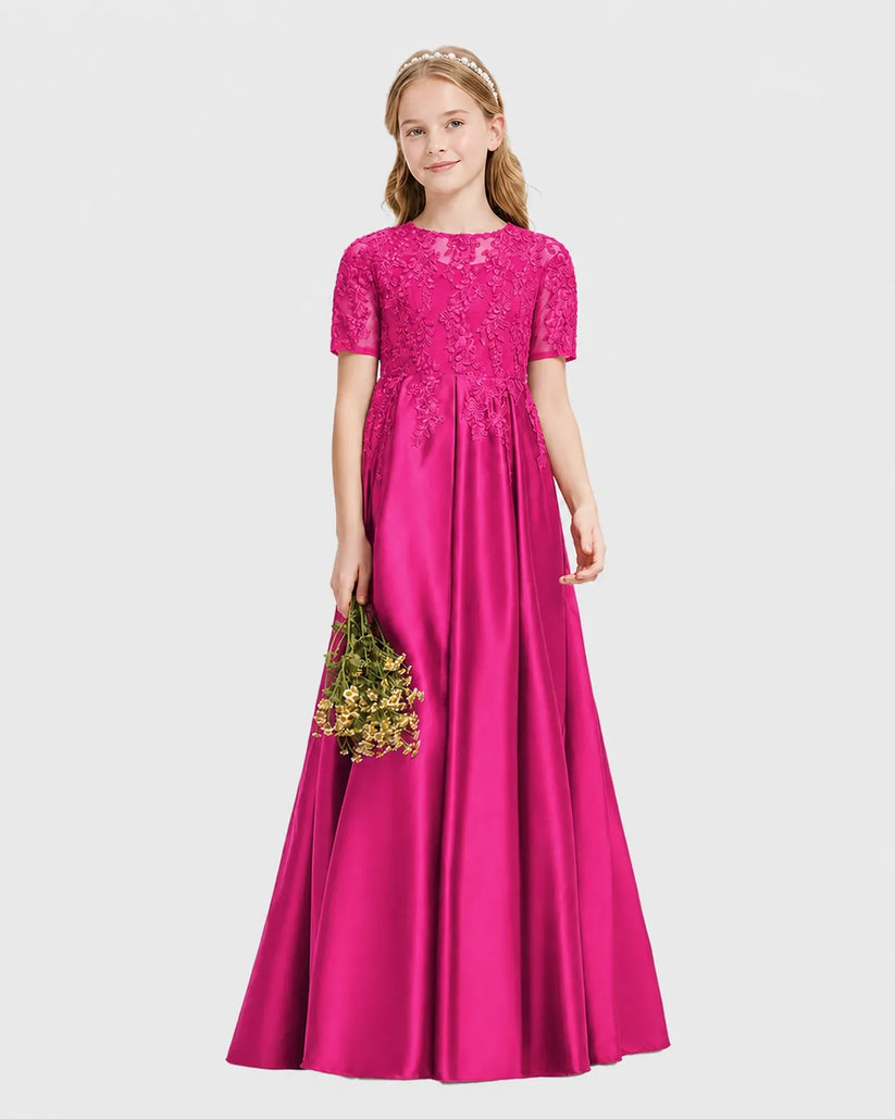 Hot Pink Satin A-line Junior Bridesmaid Dress Front View