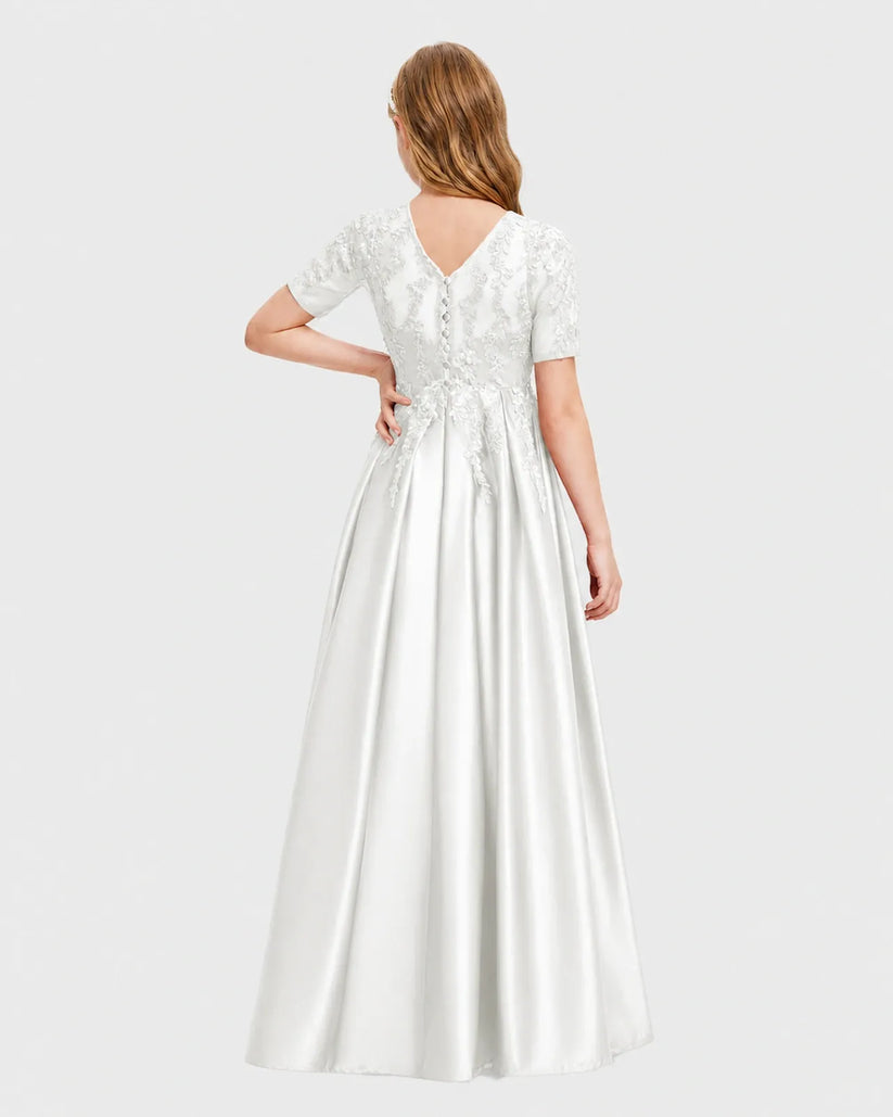 Ivory Satin A-line Junior Bridesmaid Dress Back View