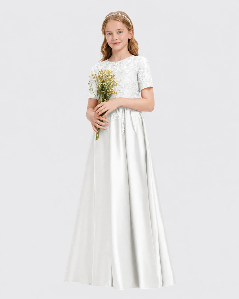 Ivory Satin A-line Junior Bridesmaid Dress Front View