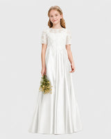 Ivory Satin A-line Junior Bridesmaid Dress Front View