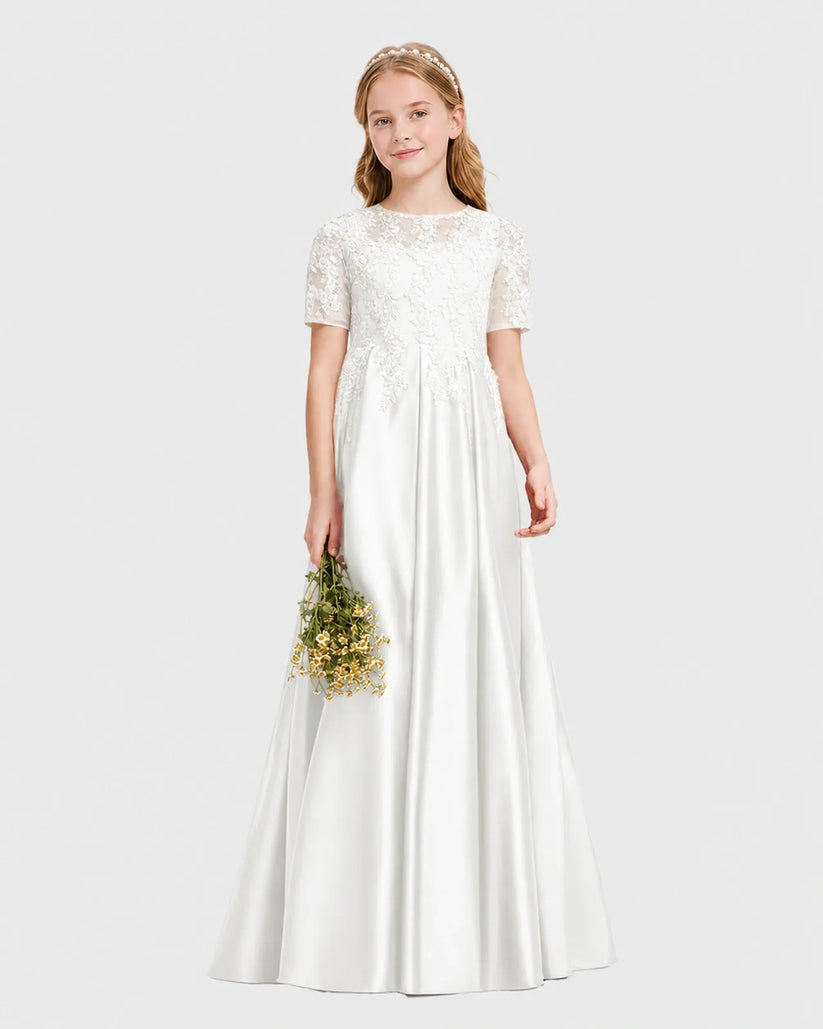 Ivory Satin A-line Junior Bridesmaid Dress Front View