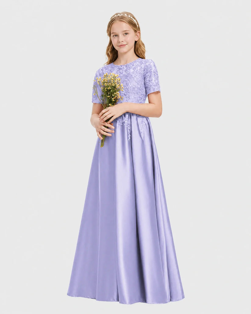 Lavender Satin A-line Junior Bridesmaid Dress Front View