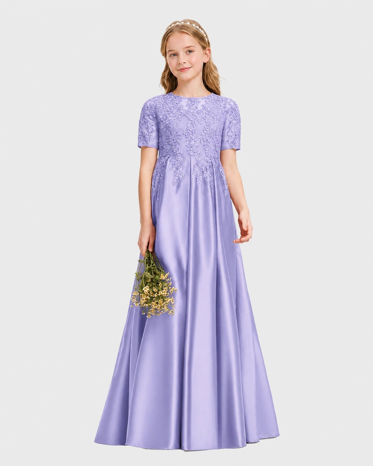 Lavender Junior Bridesmaid Dress Illusion Neck Lace Button Back Satin Maxi Gown Front View