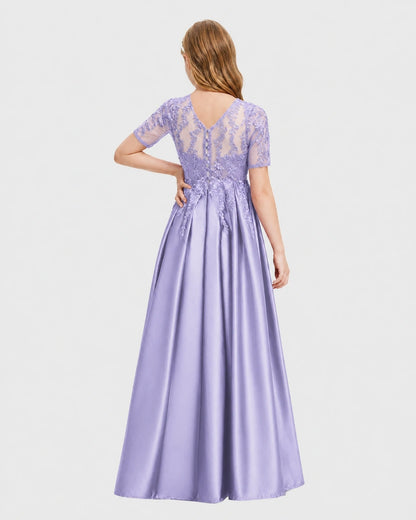 Lavender Junior Bridesmaid Dress Illusion Neck Lace Button Back Satin Maxi Gown Back View